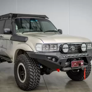 Predator Bull Bar Suitable for Toyota Landcruiser 80 Series Dress up your 80 with confidence and style with the Offroad Animal Predator Bull Bar, specially designed for the Toyota Landcruiser 80 Series. This robust and stylish bull bar not only enhances the rugged aesthetics of your vehicle but also provides unparalleled protection and functionality. Key Features: Ultimate Protection: Engineered with steel, the Predator Bull Bar offers superior protection against animal strikes and off-road obstacles, ensuring your Landcruiser 80 Series remains unscathed in the toughest terrains. Great approach angle Sleek Design: With its aggressive yet sleek design, the Predator Bull Bar seamlessly integrates with the Landcruiser 80 Series, enhancing its bold and adventurous look without compromising on functionality. Winch Compatibility: Equipped as standard with a winch cradle, this bull bar allows you to mount a winch effortlessly through the front with out having to remove the bull bar, giving you the capability to tackle any recovery situation with ease, or just do maintenance on your winch. Light Mounting Options: Features multiple mounting points for auxiliary lights including an integrated spot for a 32" LED light, making night-time driving safer and more enjoyable by improving visibility in low-light conditions. Durable Finish: Coated with a durable matte black powder finish over full zinc plating, the Predator Bull Bar is built to withstand harsh weather conditions and resist rust and corrosion, ensuring long-lasting performance and aesthetics. Easy Installation: Designed for a straightforward installation, this bull bar comes with all necessary hardware and instructions, making it easy for you to upgrade your Landcruiser 80 Series. Light weight: Yep even though it's steel, we don't make a super huge bar like others, so it's light weight, perfect for protecting the front of Offroader vehicles. If you want a 5 poster go for one, this one is for people who like adventures not cows. ADR compliant FOG LIGHTS (Not Included) This bar can take 2x Stedi Type A LED fog lights or Stedi Boost Integrated Driving Lights for Type-A Fogs. Specifications: Material: High-strength steel 3 and 5mm as well as 16mm Hi-tensile recovery points. Finish: Durable powder coat Matte Black Winch Compatibility: Yes, up to 12,000lbs Light Mounting Points: Yes Suitable for: Toyota Landcruiser 80 Series Why Choose Offroad Animal? At Offroad Animal, we understand the demands of off-road enthusiasts. Our products are designed to provide maximum protection, functionality, and style. The Predator Bull Bar for the Landcruiser 80 Series is no exception. With our commitment to quality and innovation, you can trust that you’re getting the best in off-road equipment. Upgrade your Landcruiser 80 Series with the Offroad Animal Predator Bull Bar and take on any adventure with confidence. Order yours today and experience the difference! Install time- 3 hours Install difficulty 4/10 Note: Some images depict prototype products. The actual final product may vary in appearance.