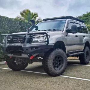 Toro Bull Bar Suitable for Toyota Landcruiser 105 Series Dress up your 105 with confidence and style with the Offroad Animal Toro Bull Bar, specially designed for the Toyota Landcruiser 105 Series. This robust and stylish bull bar not only enhances the rugged aesthetics of your vehicle but also provides unparalleled protection and functionality. Key Features: Ultimate Protection: Engineered with steel, the Toro Bull Bar offers superior protection against animal strikes and off-road obstacles, ensuring your Landcruiser 105 Series remains unscathed in the toughest terrains. Great approach angle Sleek Design: With its aggressive yet sleek design, the Toro Bull Bar seamlessly integrates with the Landcruiser 105 Series, enhancing its bold and adventurous look without compromising on functionality. The bar only sits 150mm out from the front of the grill. Winch Compatibility: Equipped as standard with a winch cradle, this bull bar allows you to mount a winch effortlessly through the front with out having to remove the bull bar, giving you the capability to tackle any recovery situation with ease, or just do maintenance on your winch. Light Mounting Options: Features multiple mounting points for auxiliary lights including an integrated spot for a 22